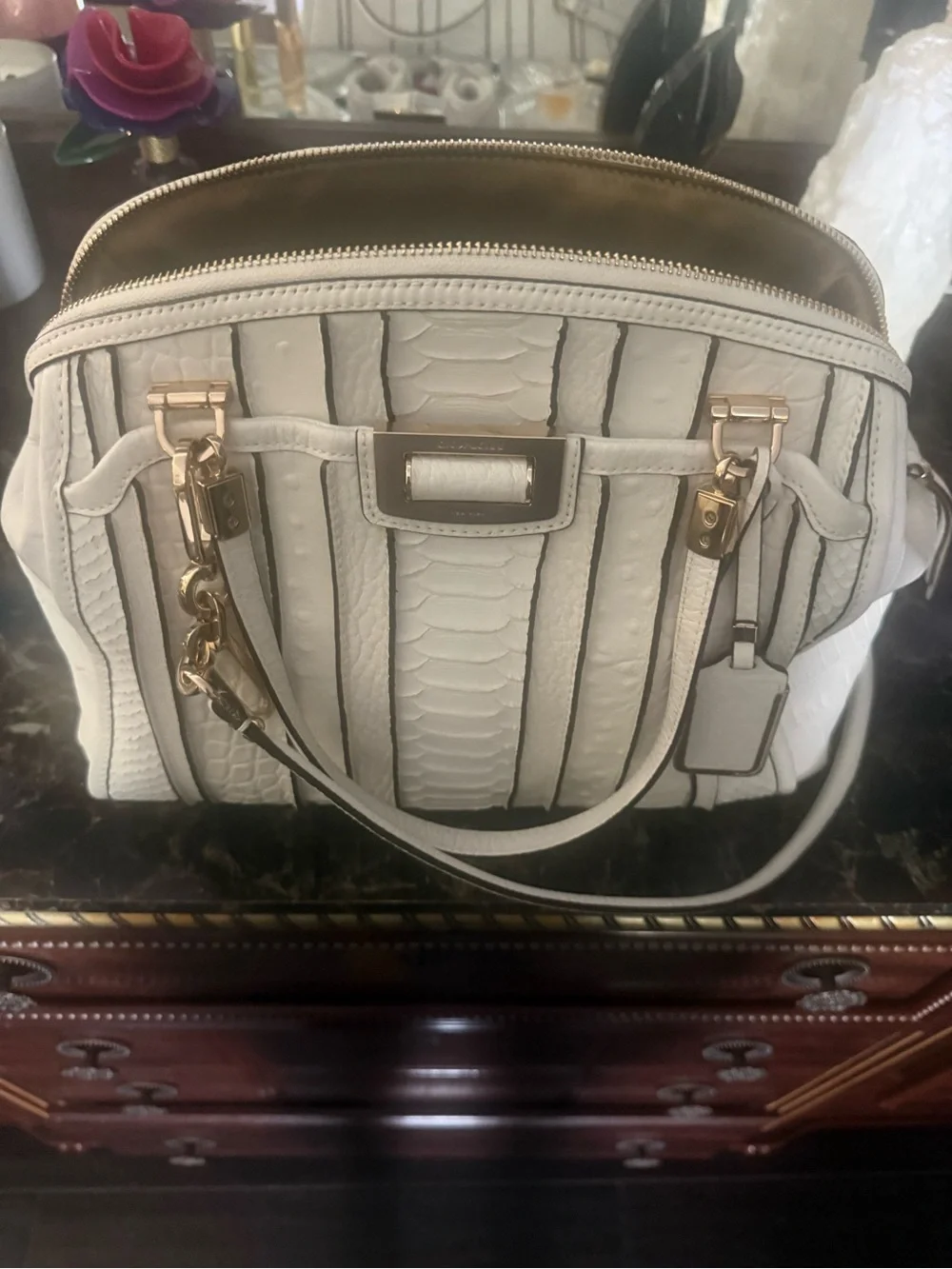 White Textured Satchel Handbag with Gold Hardware